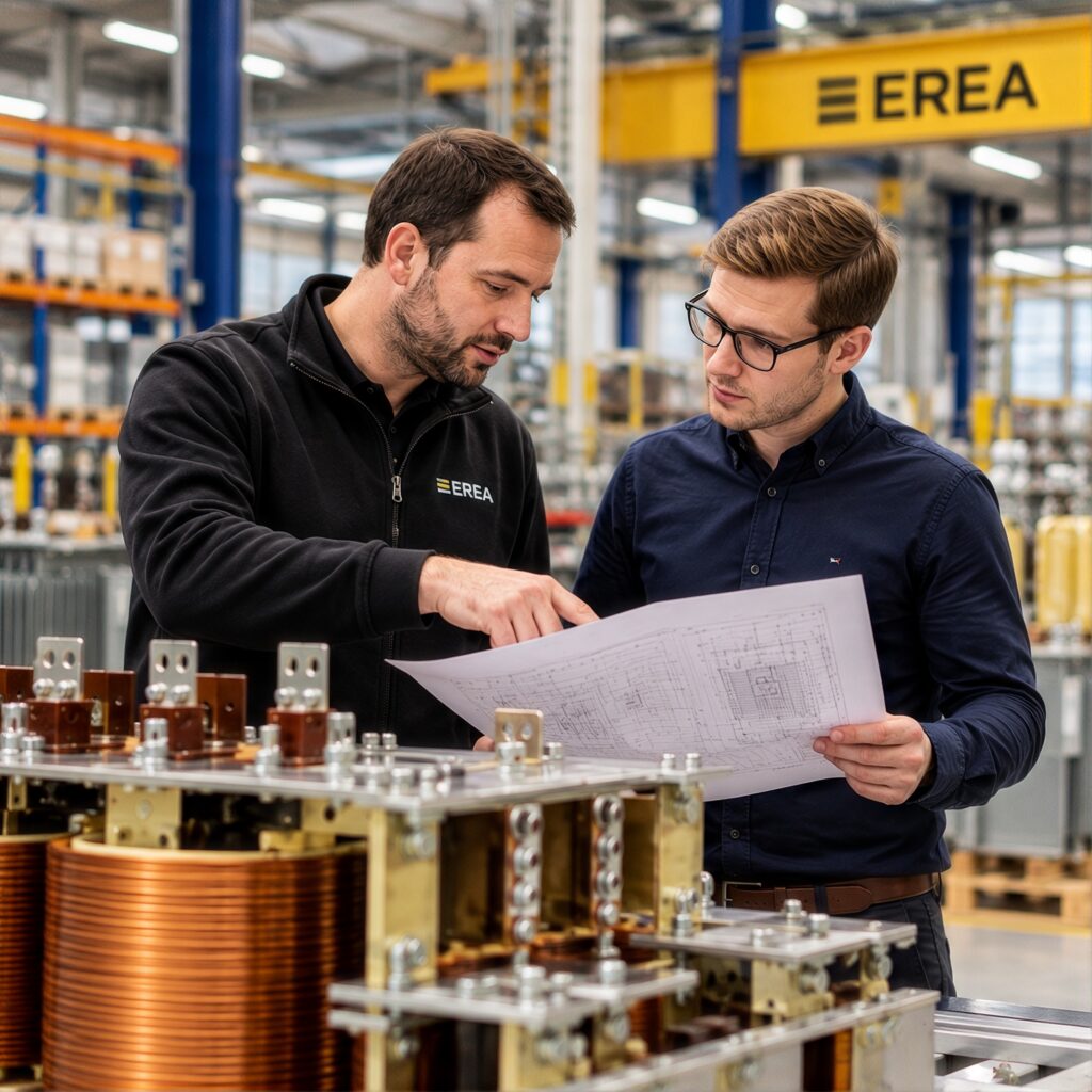 Twee medewerkers van EREA bespreken een technische tekening in het atelier