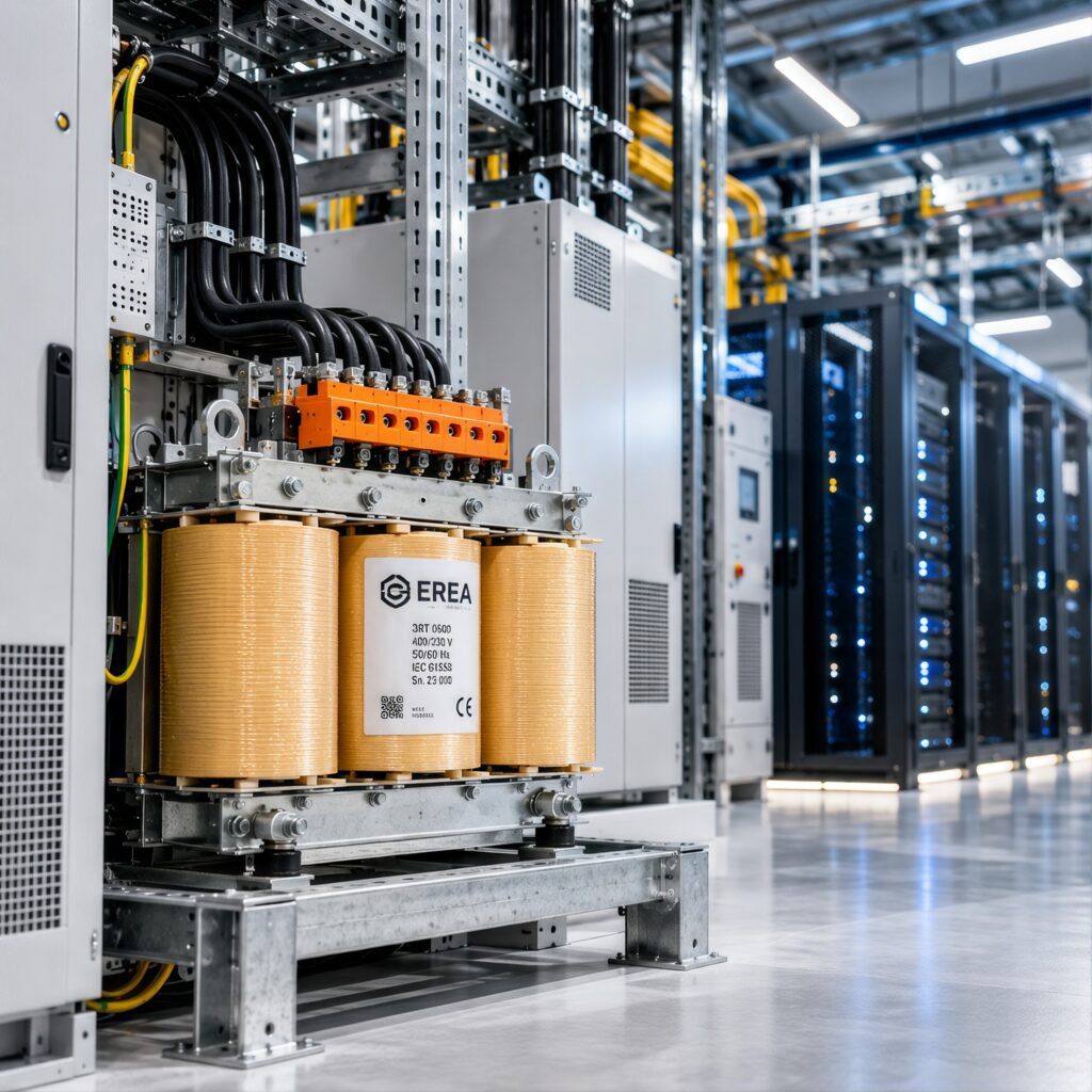 Driefasige EREA-transformator naast serverkasten in een datacenter