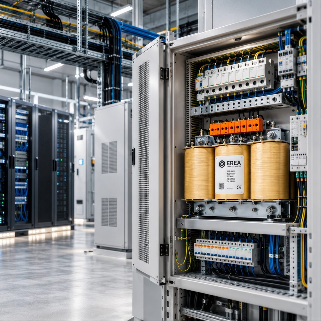 EREA-transformator in een geopende technische kast in een datacenter