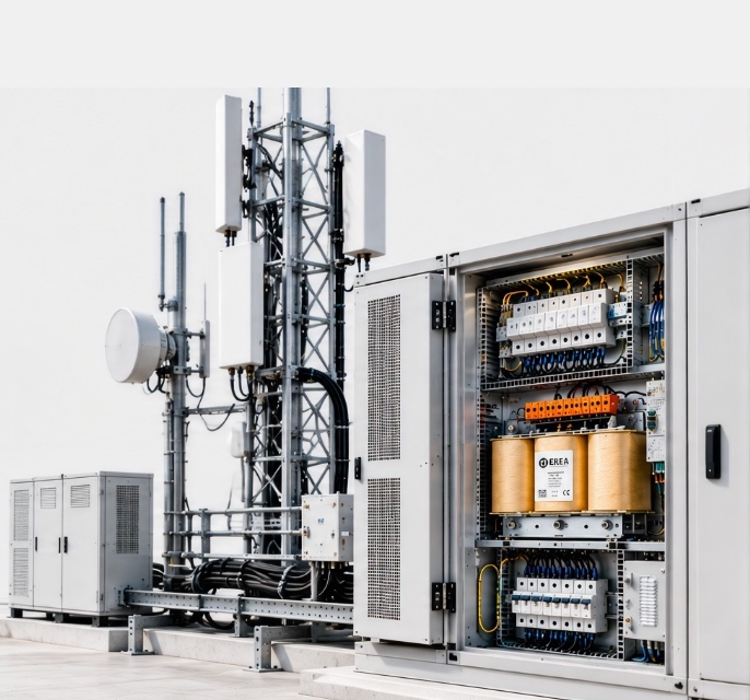 Telecommast en technische kast met een EREA-transformator