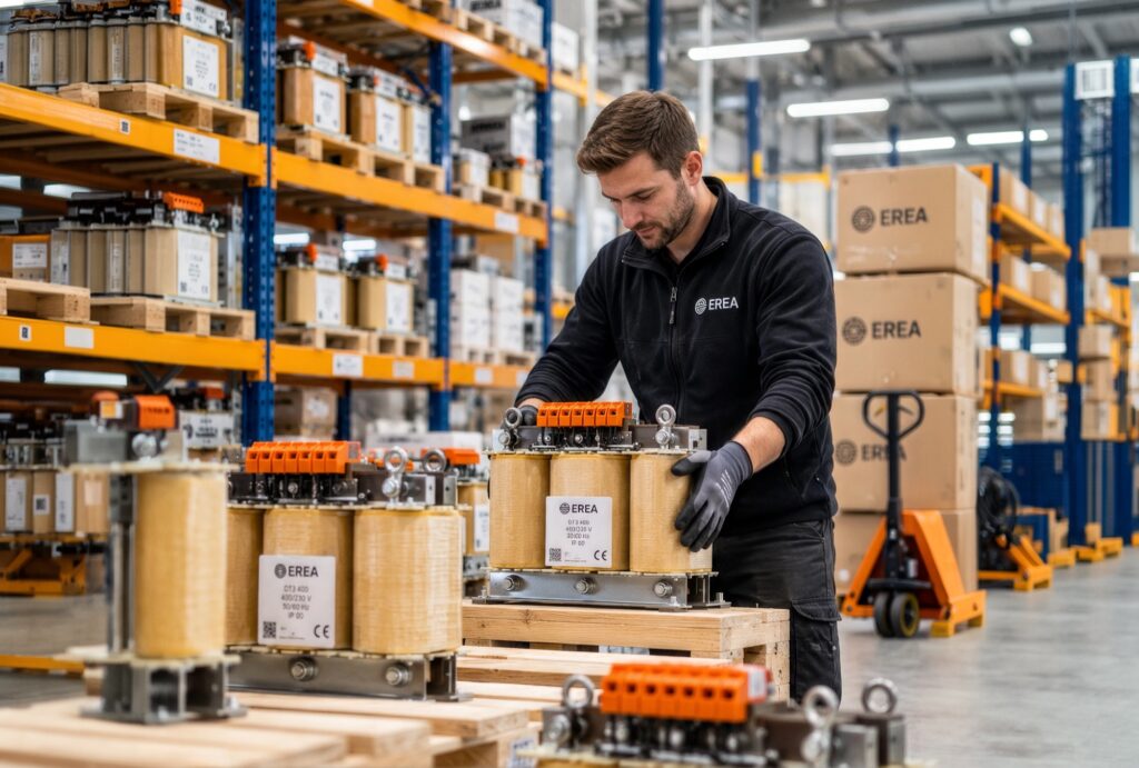 Medewerker van EREA zet een transformator klaar in het magazijn