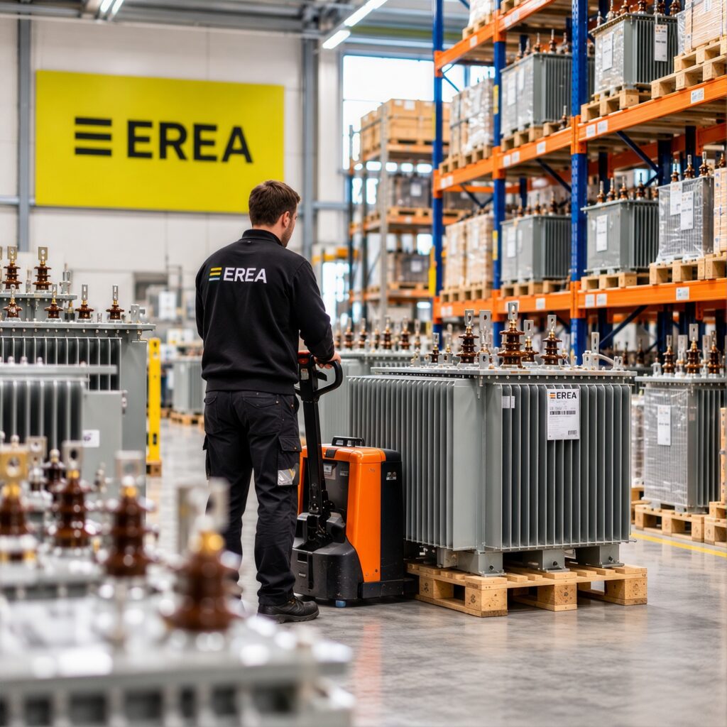 Medewerker van EREA verplaatst een transformator met een palletwagen