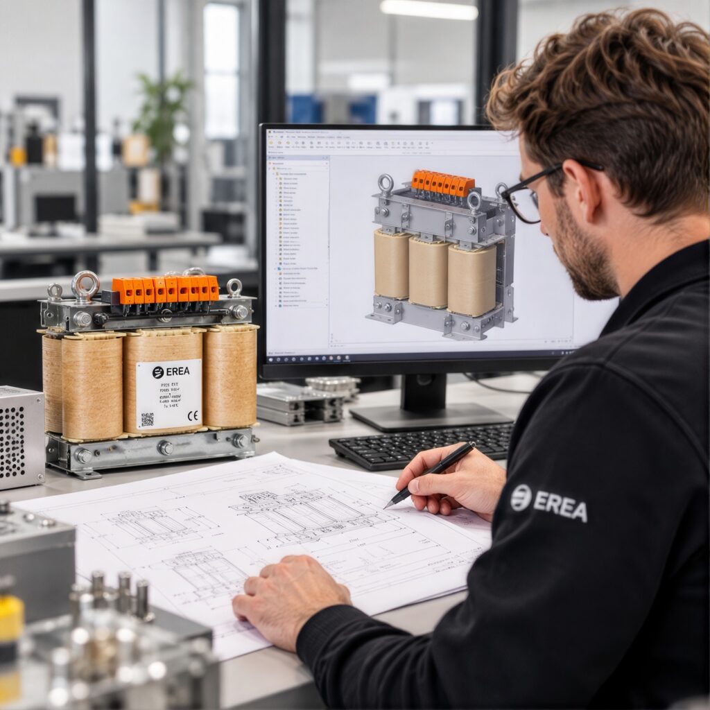 Ingenieur van EREA tekent een transformator uit op de computer en op papier