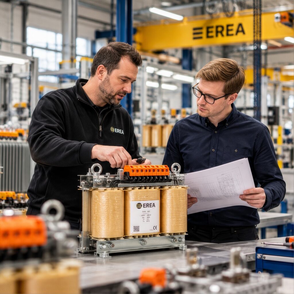 Twee medewerkers van EREA bespreken een transformator in de productiehal