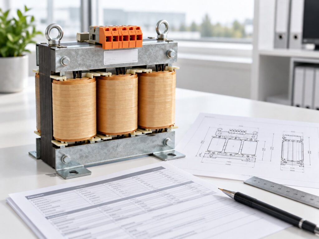 EREA-transformator op een bureau naast technische plannen en een datasheet