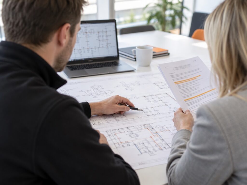Twee ontwerpers bespreken een elektrisch schema aan tafel