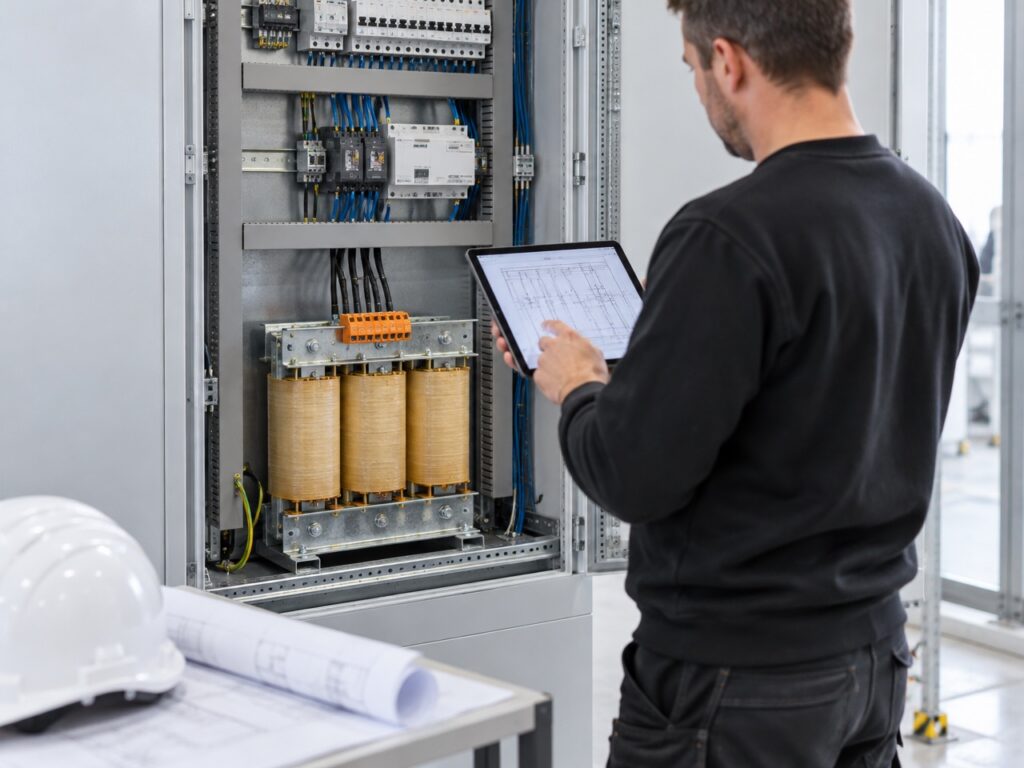 Technicus met een tablet bij een schakelkast met een EREA-transformator