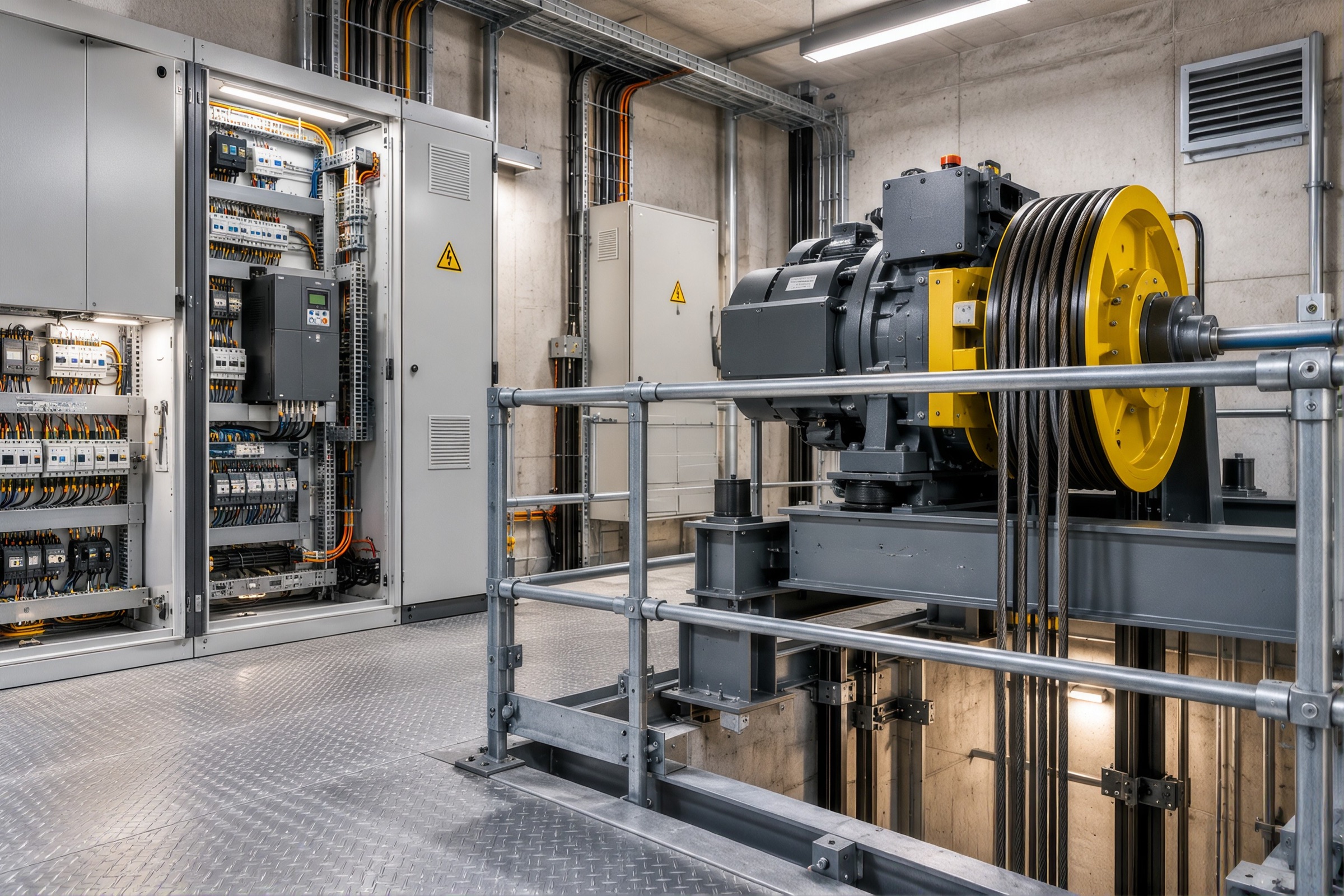 Machinekamer van een liftinstallatie met schakelkasten